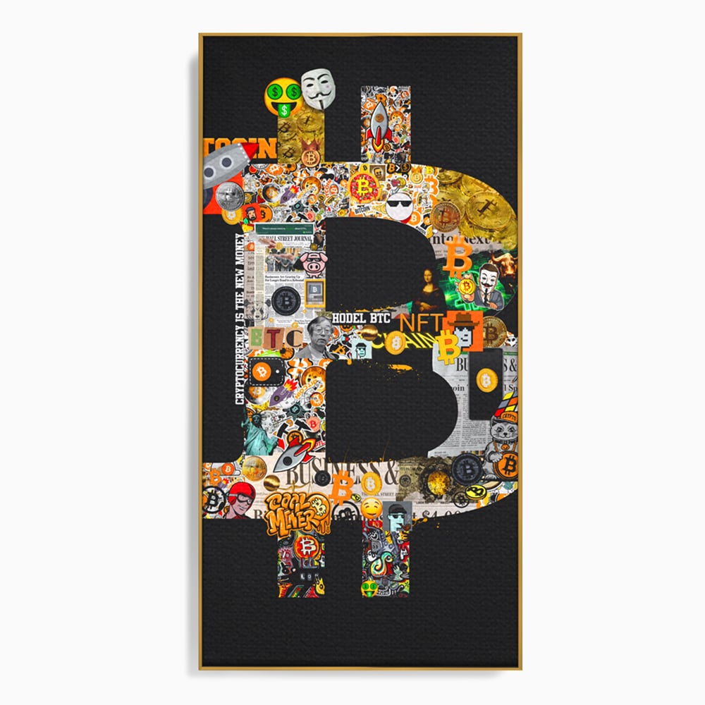 Tablou canvas cu tablou canvas cu simbolul bitcoin din colaje, in rama de aluminiu auriu